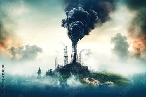 A towering oil rig spews thick black smoke into the sky, a stark reminder of the environmental toll of resource extraction