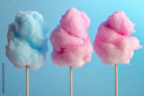 Three colorful cotton candy floss sticks on a bright blue background, perfect for parties and events