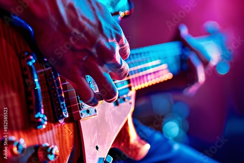 Close-up shot of a musician's hands playing an electric guitar on a stage with colorful lights