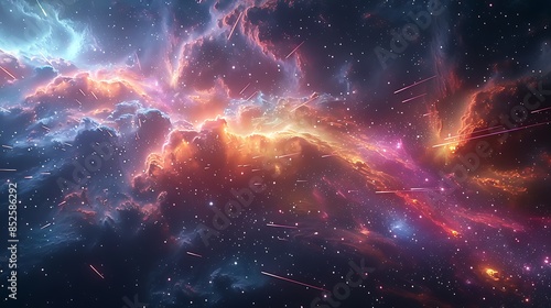 An abstract scene of animated shooting stars crossing a galactic outer space background. The vibrant colors of nebulas and distant galaxies create a stunning cosmic backdrop