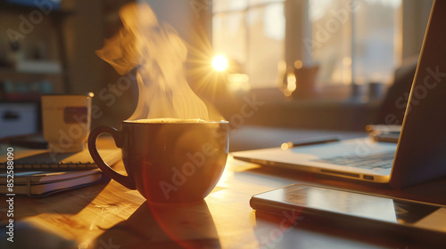 A steaming cup of black coffee, set on a work desk with a laptop, notebooks, and the morning light streaming in