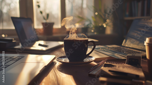 A steaming cup of black coffee, set on a work desk with a laptop, notebooks, and the morning light streaming in