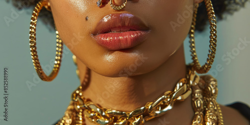 African young woman wearing maximalist jewelry, including chunky gold necklaces and large hoop earrings