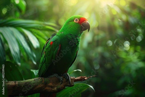 A vibrant green parrot perches on a lush jungle branch, ready to take flight