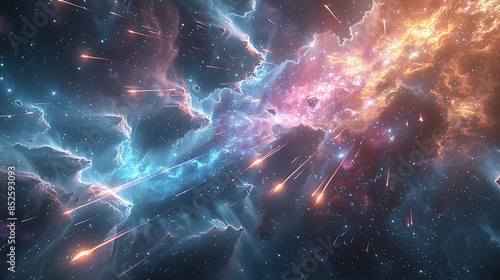 Animated shooting stars streaking across a galactic outer space background. The scene features vibrant nebulas and distant galaxies, creating a dynamic and mesmerizing cosmic view.