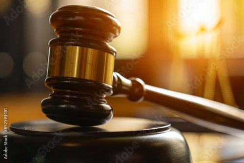 close up of a Gavel striking a sound block in a courtroom,