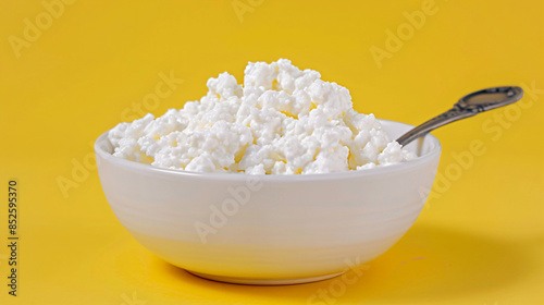 Cottage Cheese in a Bowl with Spoon.