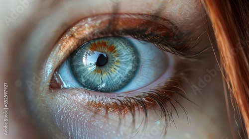 Close-up shot of a person's blue eye, highlighting the iris and pupil