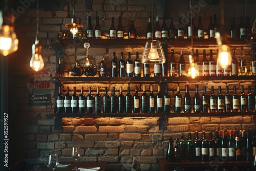 A brick wall filled with numerous bottles of wine