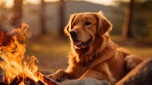 Duży brązowy pies relaksujący się przy ognisku w wiosenny wieczór. kempingi przyjazne zwierzętom, kemping z psami. Wypoczynek z psem.
