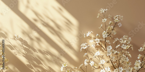 aesthetic beige background, floral, shadow, copy space 