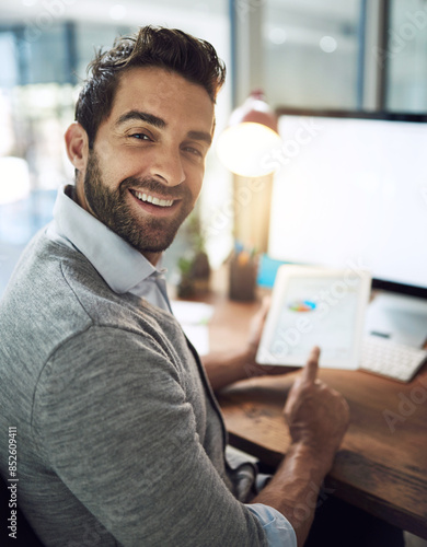 Happy man, portrait and night with tablet for finance, corporate growth or profit at office. Businessman or employee with smile or technology for financial investment, revenue or report at workplace