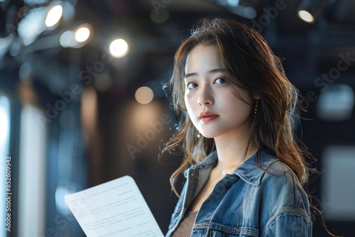 Full body photo of Asian female actress rehearsing with script on stage.