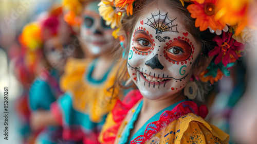 children dressed in Dia de los Muertos costumes, smiling and playing, Day of dead, kids