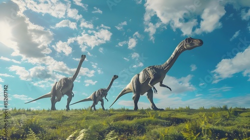 Dinosaurs in the Triassic period age in the green grass land and blue sky background, Habitat of dinosaur, history of world concept.