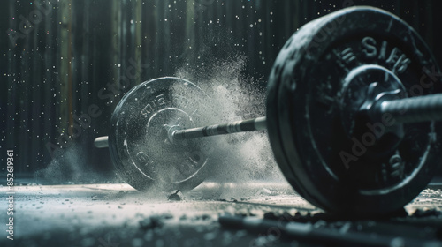 A barbell dusted in chalk lays on a gym floor, emphasizing the gritty, raw nature of strength training and dedication in a dramatic light.