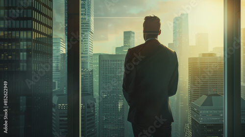 A business professional stands overlooking data on a computer screen in a modern office, contemplating financial markets amidst towering city buildings.