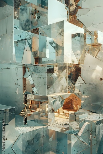 Cubist-Inspired Abstract Visual Poster of a Decaying Department Store with Shattered Mirrors and Crumbling Geometric Forms