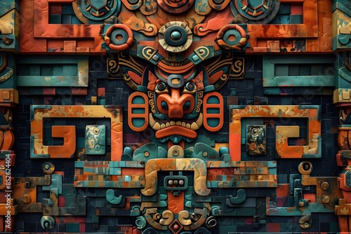 Ornate Mayan-Inspired Textile Pattern with Interlocking Shapes and Rich Hues in 3D Render