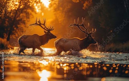 Majestic elk crossing a river at sunset, reflecting warm golden light and creating a serene nature scene in the forest.