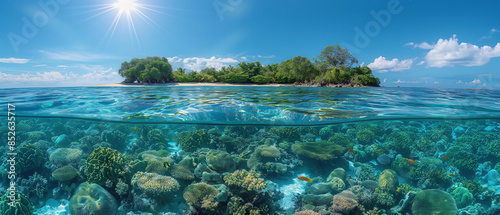 A pristine tropical island with white sand beaches and crystal clear waters. The waters are filled with colorful corals and tropical fish, creating a vibrant underwater scene. Image generated by AI