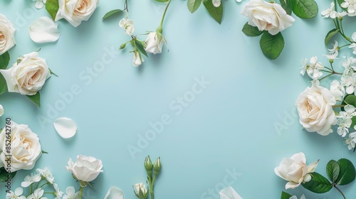 Serene Floral Display of White Roses and Jasmine on Blue - A Portrait of Purity - Generative ai