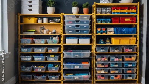 showcasing organized storage solutions. Include elements like modular shelves with labeled bins and boxes, a pegboard with neatly arranged office tools, and a drawer organizer with var