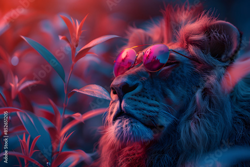  lion wearing sunglasses, surrounded by red foliage and illuminated by red lighting. This striking and artistic image combines the regal presence of the lion with a contemporary, trendy twist