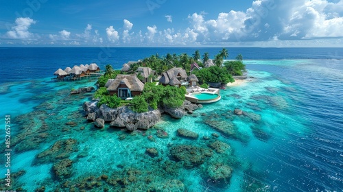 Tranquil Paradise Island in the Maldives with Pristine Beaches, Overwater Bungalows, and Lush Palms