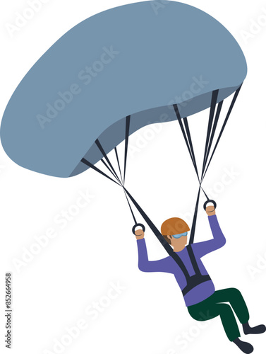 Flat isolated skydiver flying with a parachute. Cartoon parachutist illustration vector.