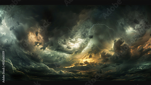 Majestic panoramic view of a thunderstorm with lightning and a vivid sunset
