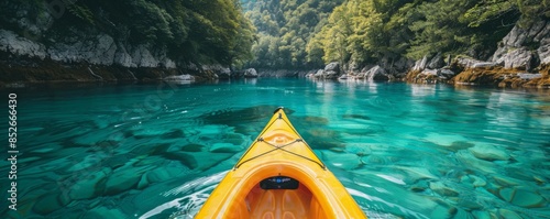 Kayak on a river with clear water