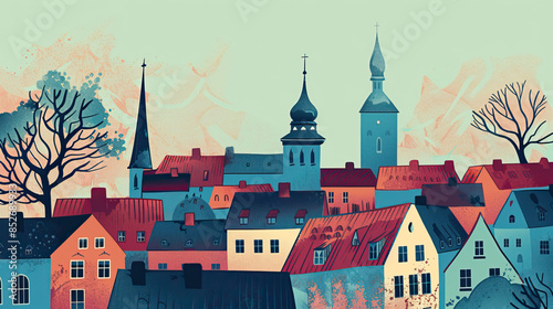 Risograph print travel poster illustration of Tallinn, Estonia, modern, isolated, clear, simple. Artistic, stylistic, screen printing, stencil, stencilled, graphic design. Banner, wallpaper 