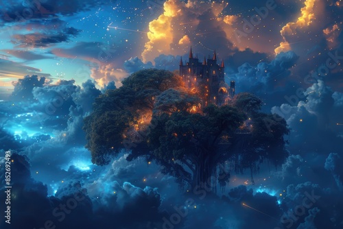 Whimsical Castle Amidst Luminescent Cloudscape