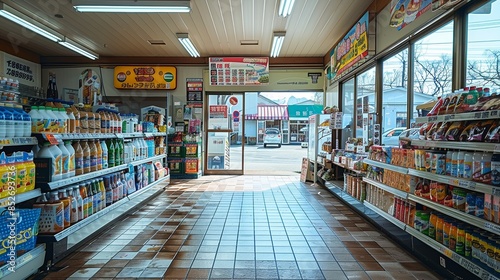 A well-organized convenience store interior with neatly arranged shelves filled with a variety of products, providing a glimpse of the outside through a large glass entrance