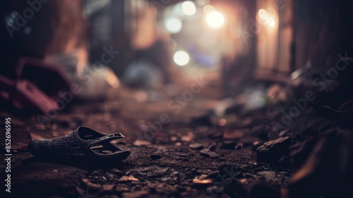 A shoe laying on the ground in a dirty alley, AI