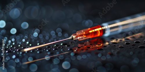 A detailed close-up of a hypodermic needle on a dark, reflective surface, highlighting the sleek design and sterile preparation necessary for medical use
