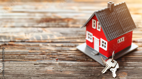 Miniature red house on a wooden surface with keys symbolizes homeownership