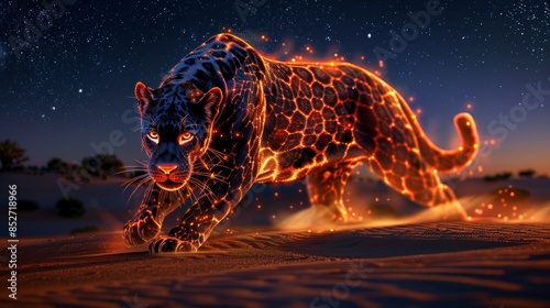 Intense black panther, melting form, claws poised to strike, eyes glowing in the dark, emerging from a mysterious ancient desert under the night sky