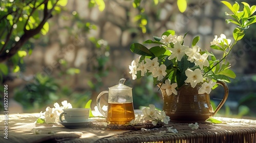 A tranquil garden setting with a cup of jasmine tea, a teapot, and a vase of fresh jasmine flowers