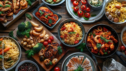 A table full of food with a variety of dishes including pasta, vegetables, and meat. The table is set for a large gathering or party