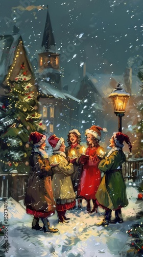 A group of children, dressed in warm winter clothes and hats, sing Christmas carols in the snow-covered town square. They stand around a lit street lamp, with a decorated Christmas tree and a church s