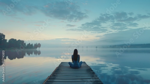 A woman sits on a dock by a body of water, looking out at the horizon. The scene is peaceful and serene, with the woman's posture and the calm water creating a sense of tranquility