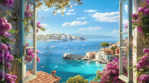 A beautiful view of a harbor with boats and a town in the background. The water is calm and the sky is clear. The flowers in the window add a touch of color and life to the scene