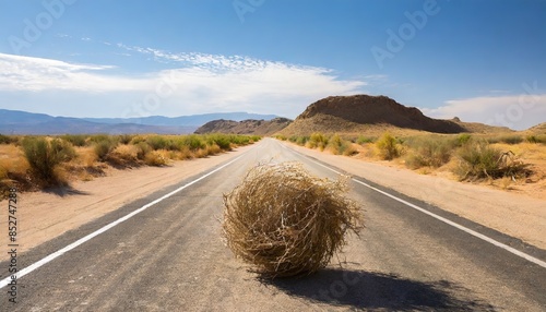 A tumbleweed rolls over an empty desert road under a clear blue sky, capturing the desolate and expansive nature of the desert environment.