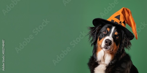 A playful dog dressed in a Halloween costume banner for advertising on a green background.