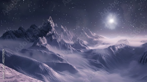 A panoramic view of a snow-covered mountain range bathed in the light of a full moon. The sky is filled with thousands of twinkling stars, creating a breathtaking scene of celestial beauty. The mounta