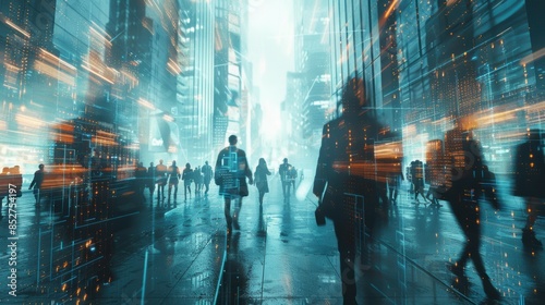 Blurred motion of cyber-enhanced businesspeople in a futuristic Martian city, representing the high-speed urban economy of Mars in the year 8000