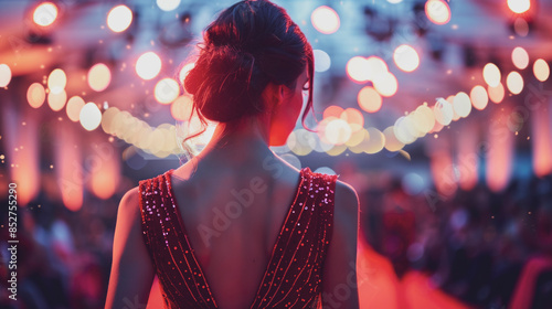 Back of a woman in dress, awards festival or fashion show.