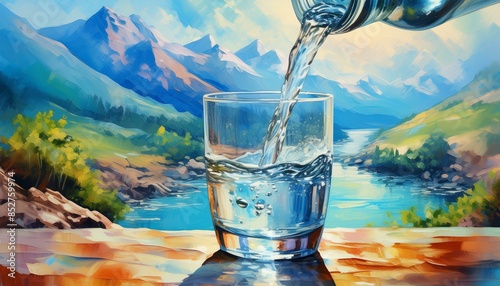 Refreshing Pour: Carbonated Water Fills a Glass Against a Sunny Blue Backdrop